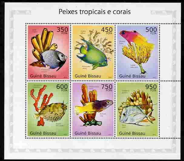 Guinea - Bissau 2010 Tropical Fish & Coral perf sheetlet containing 6 values unmounted mint , stamps on fish, stamps on marine life, stamps on coral