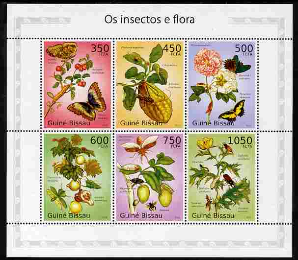 Guinea - Bissau 2010 Insects & Flowers perf sheetlet containing 6 values unmounted mint , stamps on insects, stamps on flowers, stamps on butterflies