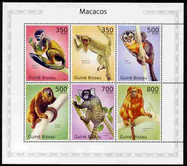Guinea - Bissau 2010 Macaques perf sheetlet containing 6 values unmounted mint , stamps on , stamps on  stamps on animals, stamps on  stamps on apes, stamps on  stamps on macaques