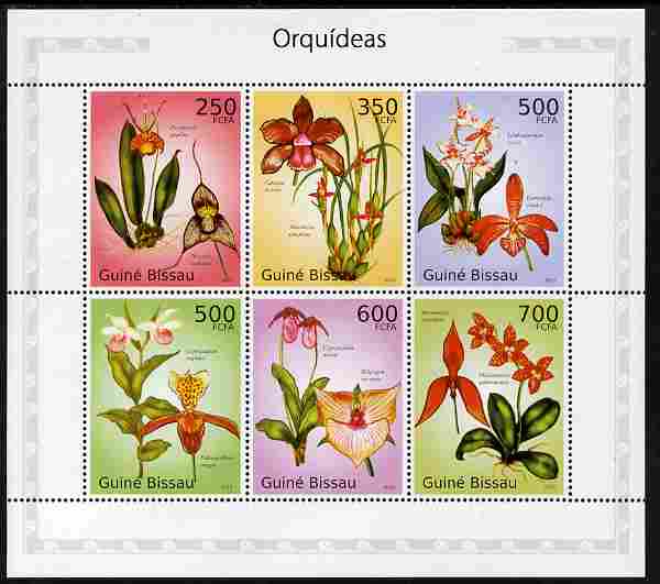 Guinea - Bissau 2010 Orchids perf sheetlet containing 6 values unmounted mint , stamps on flowers, stamps on orchids