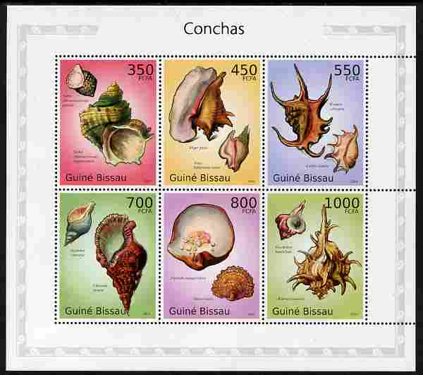 Guinea - Bissau 2010 Shells perf sheetlet containing 6 values unmounted mint , stamps on , stamps on  stamps on shells, stamps on  stamps on marine life, stamps on  stamps on 