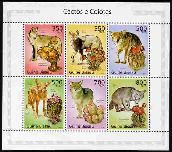 Guinea - Bissau 2010 Cactus & Cayotes perf sheetlet containing 6 values unmounted mint , stamps on animals, stamps on cayotes, stamps on dogs, stamps on cactus
