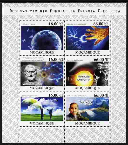 Mozambique 2010 World Electric Power Development perf sheetlet containing 6 values unmounted mint , stamps on personalities, stamps on edison, stamps on energy, stamps on dams