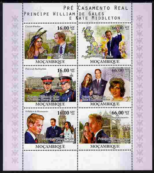 Mozambique 2010 Royal Engagement - William & Kate perf sheetlet containing 6 values unmounted mint , stamps on , stamps on  stamps on royalty, stamps on  stamps on william, stamps on  stamps on diana, stamps on  stamps on london, stamps on  stamps on clocks, stamps on  stamps on castles, stamps on  stamps on maps, stamps on  stamps on kate