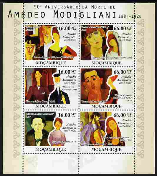 Mozambique 2010 90th Death Anniversary of Amedeo Modigliani perf sheetlet containing 6 values unmounted mint , stamps on personalities, stamps on arts, stamps on modigliani