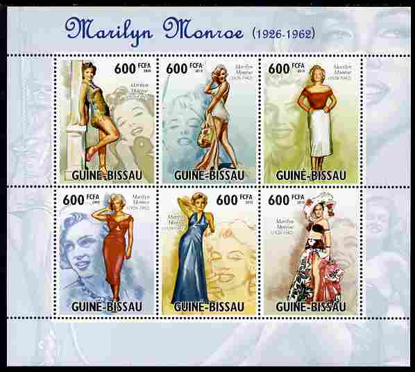 Guinea - Bissau 2010 Marilyn Monroe perf sheetlet containing 6 values unmounted mint , stamps on , stamps on  stamps on personalities, stamps on  stamps on marilyn, stamps on  stamps on movies, stamps on  stamps on cinema, stamps on  stamps on films, stamps on  stamps on 