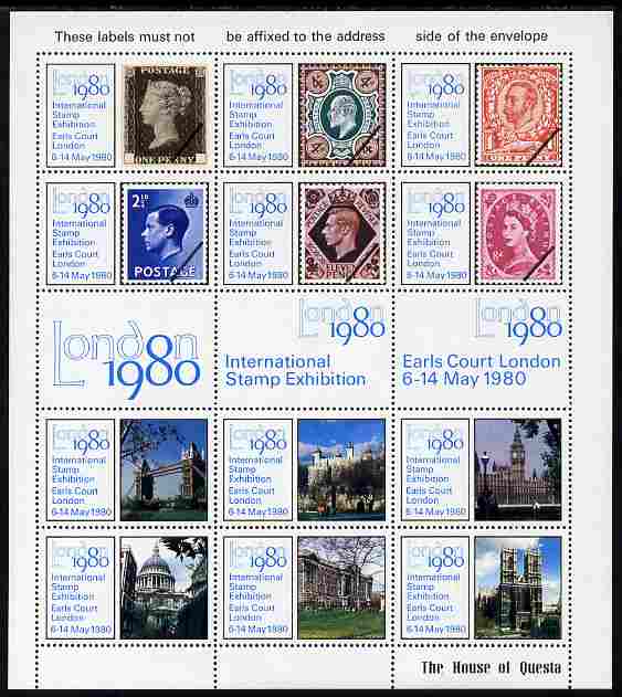 Cinderella - Great Britain 1980 London International Stamp Exhibition perf sheetlet containing 15 labels (6 x Great Britain stamps, 6 x London Tourists Sites & 3 labels) on gummed paper unmounted mint with House of Questa imprint, stamps on , stamps on  stamps on stamp exhibitions, stamps on  stamps on london, stamps on  stamps on tourism, stamps on  stamps on stamp on stamp, stamps on  stamps on stamponstamp, stamps on  stamps on clocks