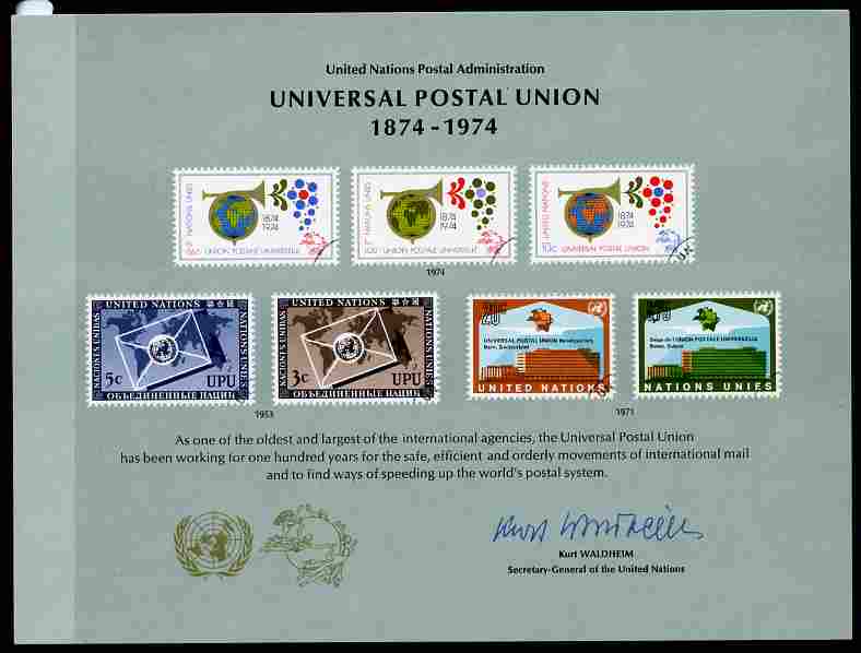 Cinderella - United Nations 1974 Centenary of the UPU publicity card featuring illustrations of 7 UN stamps, stamps on , stamps on  stamps on , stamps on  stamps on  upu , stamps on  stamps on stamp on stamp, stamps on  stamps on stamponstamp, stamps on  stamps on united nations