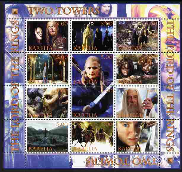 Karelia Republic 2004 Lord of the Rings - Two Towers #1 perf sheetlet containing 12 values unmounted mint, stamps on , stamps on  stamps on films, stamps on  stamps on movies, stamps on  stamps on literature, stamps on  stamps on fantasy, stamps on  stamps on entertainments, stamps on  stamps on 