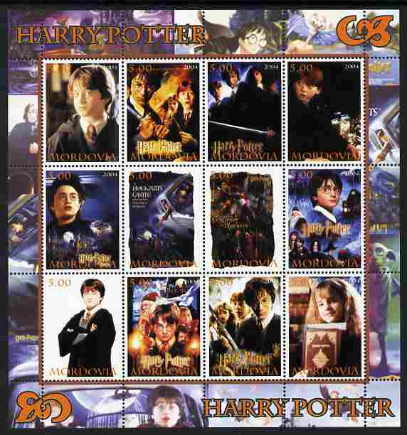 Mordovia Republic 2004 Harry Potter perf sheetlet #1 containing set of 12 values unmounted mint, stamps on , stamps on  stamps on films, stamps on  stamps on movies, stamps on  stamps on literature, stamps on  stamps on children, stamps on  stamps on entertainments, stamps on  stamps on fantasy