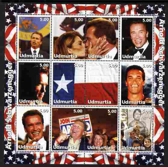 Udmurtia Republic 2004 Arnold Schwarzenegger perf sheetlet containing 12 values unmounted mint, stamps on personalities, stamps on films, stamps on movies, stamps on cinema, stamps on constitutions, stamps on flags