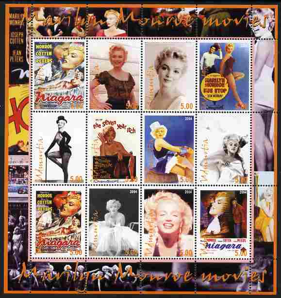 Udmurtia Republic 2004 Marilyn Monroe perf sheetlet #1 containing set of 12 values unmounted mint, stamps on films, stamps on cinema, stamps on women, stamps on marilyn monroe