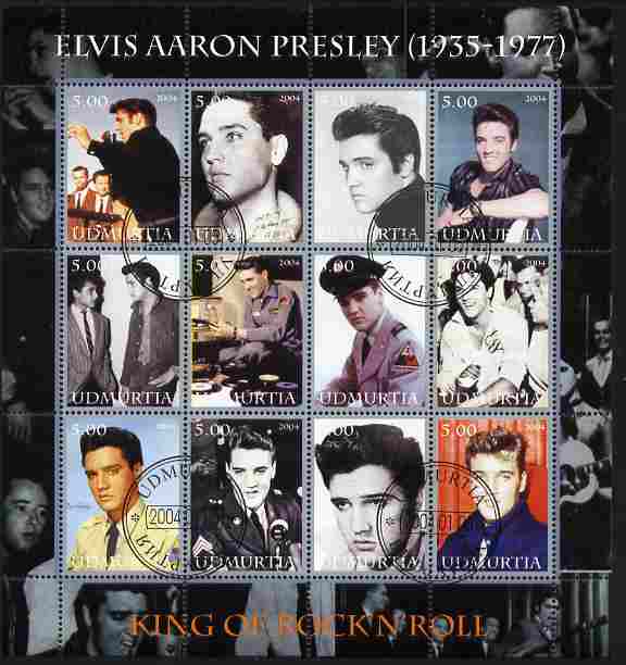 Udmurtia Republic 2004 Elvis Presley perf sheetlet #1 containing set of 12 values (King of Rock & Roll) fine cto used, stamps on films, stamps on cinema, stamps on elvis, stamps on music, stamps on pop