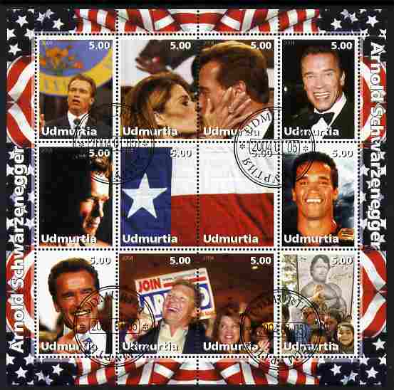 Udmurtia Republic 2004 Arnold Schwarzenegger perf sheetlet containing 12 values fine cto used, stamps on , stamps on  stamps on personalities, stamps on  stamps on films, stamps on  stamps on movies, stamps on  stamps on cinema, stamps on  stamps on constitutions, stamps on  stamps on flags