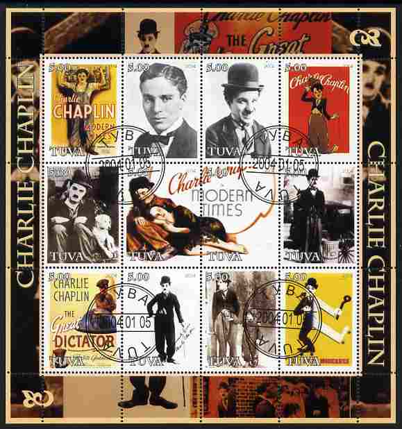 Touva 2004 Charlie Chaplin perf sheetlet #2 containing set of 12 values fine cto used, stamps on , stamps on  stamps on films, stamps on  stamps on cinema, stamps on  stamps on comedy, stamps on  stamps on personalities, stamps on  stamps on comedy, stamps on  stamps on chaplin