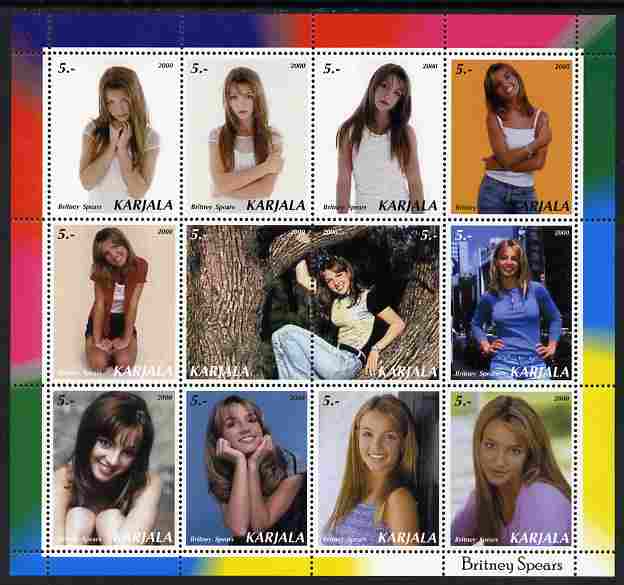 Karjala Republic 2000 Britney Spears perf sheetlet containing 12 values unmounted mint, stamps on , stamps on  stamps on personalities, stamps on  stamps on music, stamps on  stamps on pops, stamps on  stamps on women