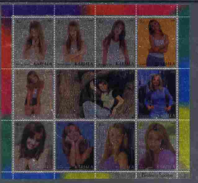 Karjala Republic 2000 Britney Spears perf sheetlet containing 12 values printed on silver foil unmounted mint, stamps on personalities, stamps on music, stamps on pops, stamps on women