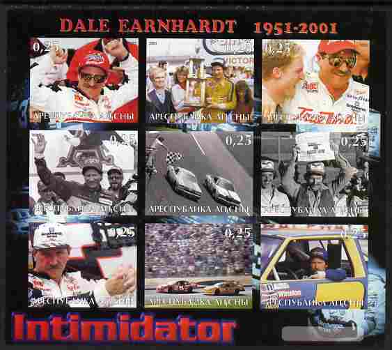 Abkhazia 2001 Dale Earnhardt imperf sheetlet containing set of 9 values unmounted mint, stamps on , stamps on  stamps on racing cars, stamps on  stamps on cars