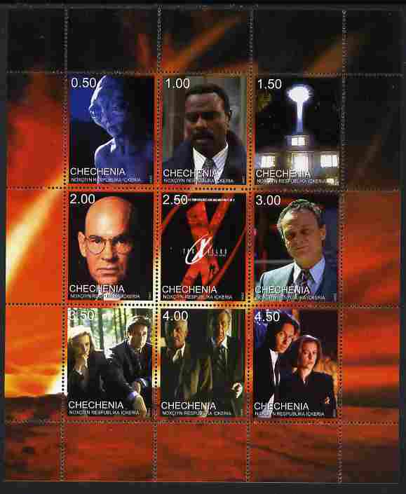 Chechenia 1999 X-Files perf sheetlet containing set of 9 values unmounted mint, stamps on films, stamps on cinema, stamps on movies, stamps on  tv , stamps on sci-fi, stamps on 