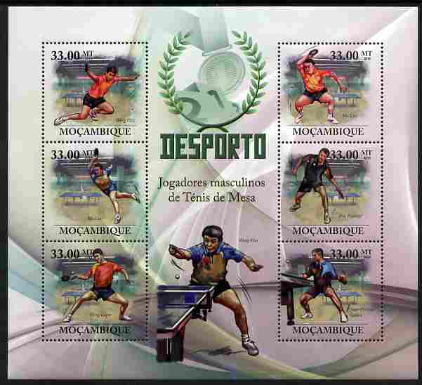 Mozambique 2010 Sport - Table Tennis - Men large perf sheetlet containing 6 values unmounted mint, stamps on personalities, stamps on sport, stamps on table tennis