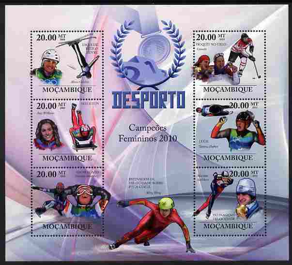 Mozambique 2010 Sport - Winter Games - Women large perf sheetlet containing 6 values unmounted mint, stamps on , stamps on  stamps on personalities, stamps on  stamps on sport, stamps on  stamps on ice hockey, stamps on  stamps on skiing, stamps on  stamps on luge, stamps on  stamps on skating, stamps on  stamps on ice skating, stamps on  stamps on 