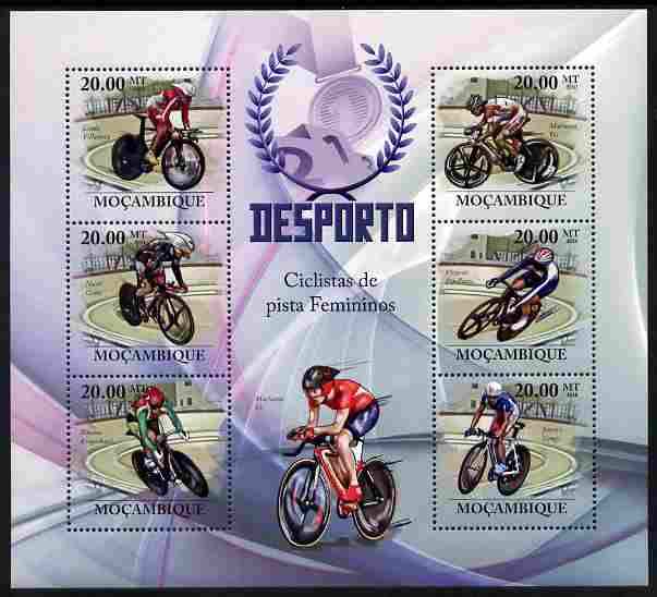 Mozambique 2010 Sport - Track Racing large perf sheetlet containing 6 values unmounted mint, stamps on , stamps on  stamps on personalities, stamps on  stamps on sport, stamps on  stamps on bicycles