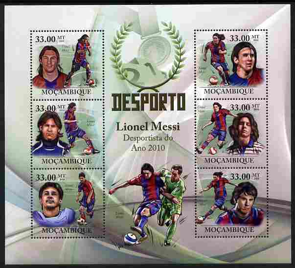 Mozambique 2010 Sport - Football large perf sheetlet containing 6 values unmounted mint, stamps on personalities, stamps on sport, stamps on football