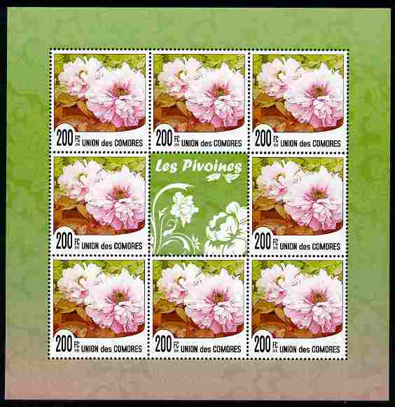 Comoro Islands 2009 Flowers of China - Peonies perf sheetlet containing 8 values unmounted mint Michael 2620, stamps on flowers