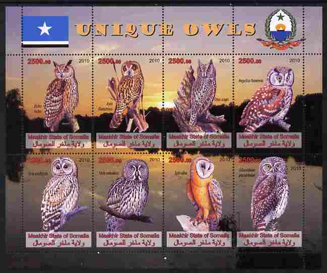 Maakhir State of Somalia 2010 Unique Owls perf sheetlet containing 8 values unmounted mint , stamps on birds, stamps on birds of prey, stamps on owls