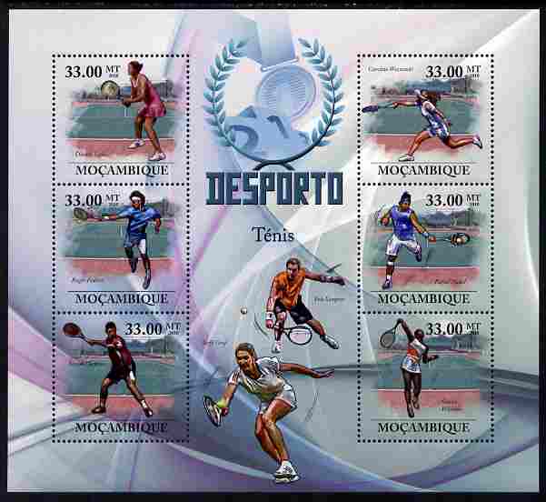 Mozambique 2010 Sport - Lawn Tennis large perf sheetlet containing 6 values unmounted mint, Scott #1998, stamps on , stamps on  stamps on sport, stamps on  stamps on tennis