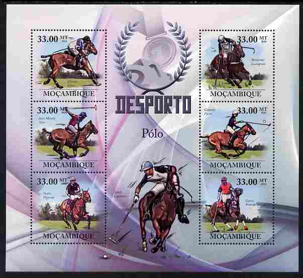 Mozambique 2010 Sport - Polo large perf sheetlet containing 6 values unmounted mint, Scott #2004, stamps on , stamps on  stamps on sport, stamps on  stamps on polo, stamps on  stamps on horses