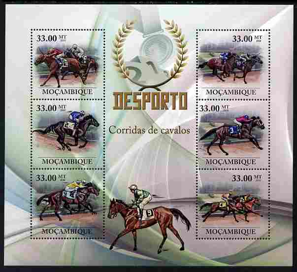 Mozambique 2010 Sport - Horse Racing large perf sheetlet containing 6 values unmounted mint, Scott #2005, stamps on sport, stamps on horse racing, stamps on horses