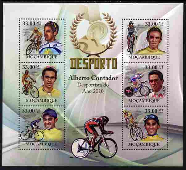 Mozambique 2010 Sport - Cycling (Alberto Contador) large perf sheetlet containing 6 values unmounted mint, Scott #2012, stamps on , stamps on  stamps on sport, stamps on  stamps on bicycles