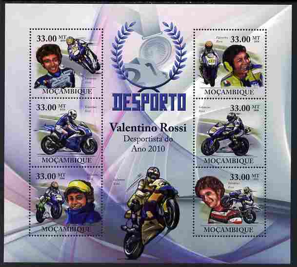 Mozambique 2010 Sport - Motor Cycling (Valentino Rossi) large perf sheetlet containing 6 values unmounted mint, Scott #2013, stamps on , stamps on  stamps on sport, stamps on  stamps on motorbikes