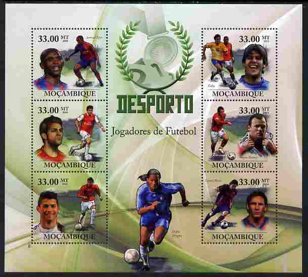 Mozambique 2010 Sport - Football large perf sheetlet containing 6 values unmounted mint, Scott #2009, stamps on , stamps on  stamps on sport, stamps on  stamps on football