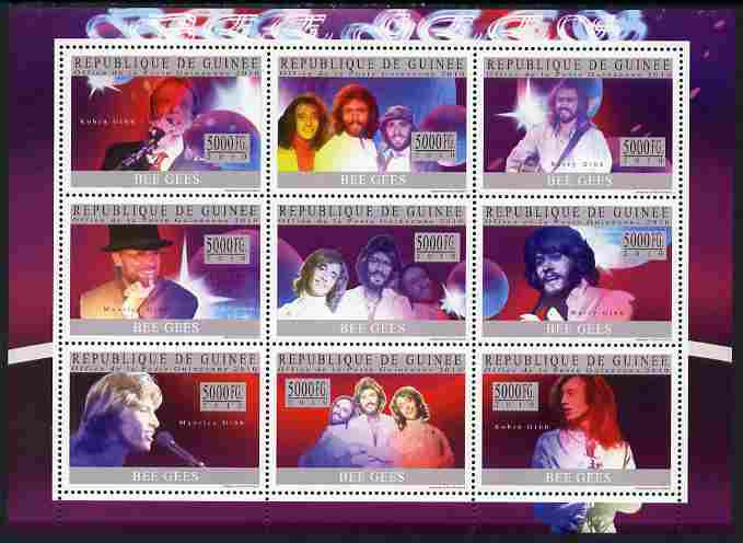 Guinea - Conakry 2010 Bee Gees (pop group) perf sheetlet containing 9 values unmounted mint, Michel 7449-57, stamps on music, stamps on pops, stamps on rock, stamps on 