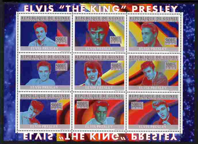 Guinea - Conakry 2010 Elvis Presley perf sheetlet containing 9 values unmounted mint, Michel 7359-68, stamps on music, stamps on elvis, stamps on pops, stamps on rock, stamps on films, stamps on personalities.movies