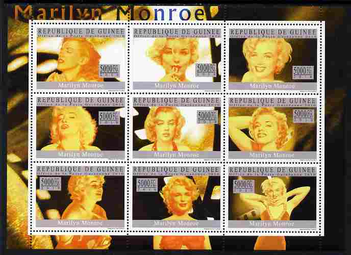 Guinea - Conakry 2010 Marilyn Monroe perf sheetlet containing 9 values unmounted mint, Michel 7349-57, stamps on , stamps on  stamps on music, stamps on  stamps on marilyn, stamps on  stamps on films, stamps on  stamps on personalities.movies, stamps on  stamps on cinema, stamps on  stamps on women