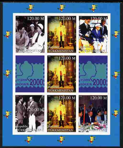 Turkmenistan 2000 Bangkok Stamp Exhibition imperf sheetlet containing 7 values and 2 labels, unmounted mint , stamps on personalities, stamps on disney, stamps on stamp exhibitions, stamps on elvis, stamps on films, stamps on movies, stamps on cinema, stamps on music, stamps on sinatra