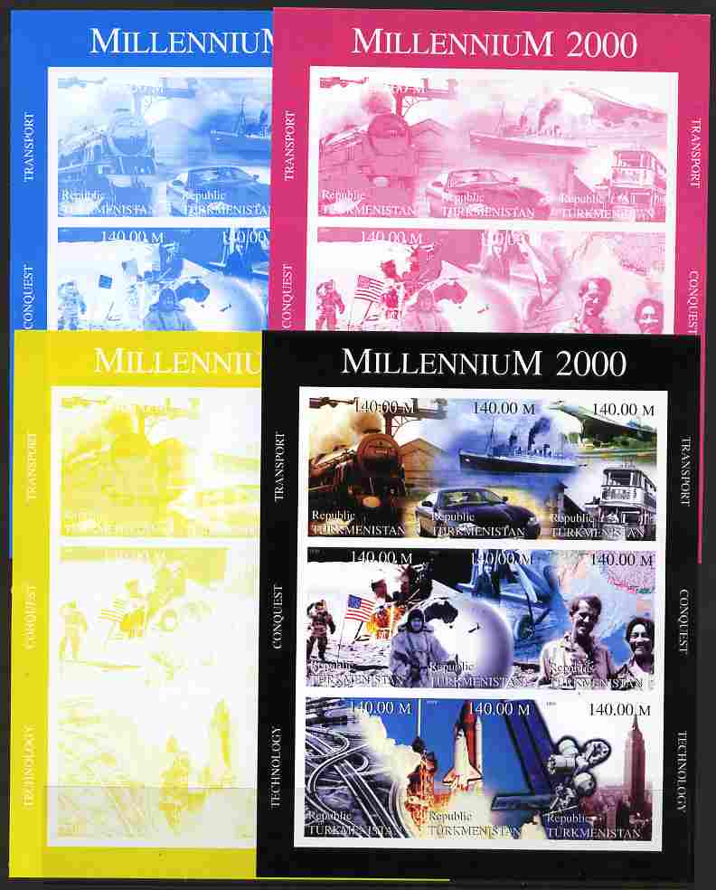 Turkmenistan 1999 Millennium (Transport, Conquest & Technology) sheetlet containing 9 values - the set of 4 imperf progressive proofs comprising 3 individual colours plus all 4-colour composite, unmounted mint , stamps on , stamps on  stamps on railways, stamps on ships, stamps on aviation, stamps on concorde, stamps on buses, stamps on space, stamps on apollo, stamps on shuttle, stamps on roads, stamps on cars, stamps on , stamps on millennium, stamps on  stamps on technology, stamps on  stamps on trams