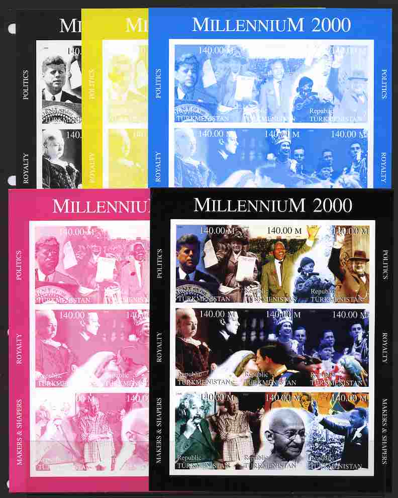Turkmenistan 1999 Millennium Personalities (Politics, Royalty & Sciences) sheetlet containing 9 values - the set of 5 imperf progressive proofs comprising 4 individual colours plus all 4-colour composite, unmounted mint minor wrinkles, stamps on , stamps on stamps on personalities, stamps on kennedy, stamps on churchill, stamps on constitutions, stamps on royalty, stamps on charles, stamps on diana, stamps on science, stamps on einstein, stamps on gandhi, stamps on nobel, stamps on stamps on millennium, stamps on stamps on mandela, stamps on stamps on