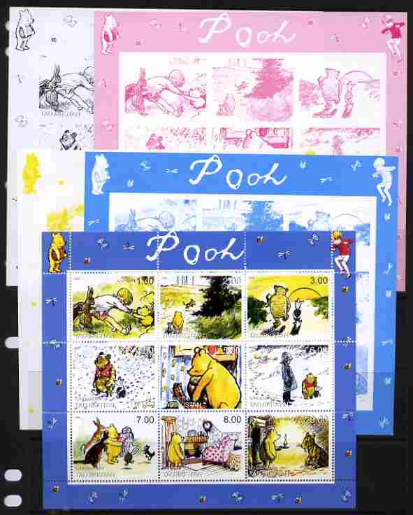 Tadjikistan 1999 Winnie the Pooh sheetlet containing 9 values - the set of 5 imperf progressive proofs comprising the 4 individual colours plus all 4-colour perf composit..., stamps on bears, stamps on children, stamps on cartoons, stamps on owls, stamps on teddy bears, stamps on honey