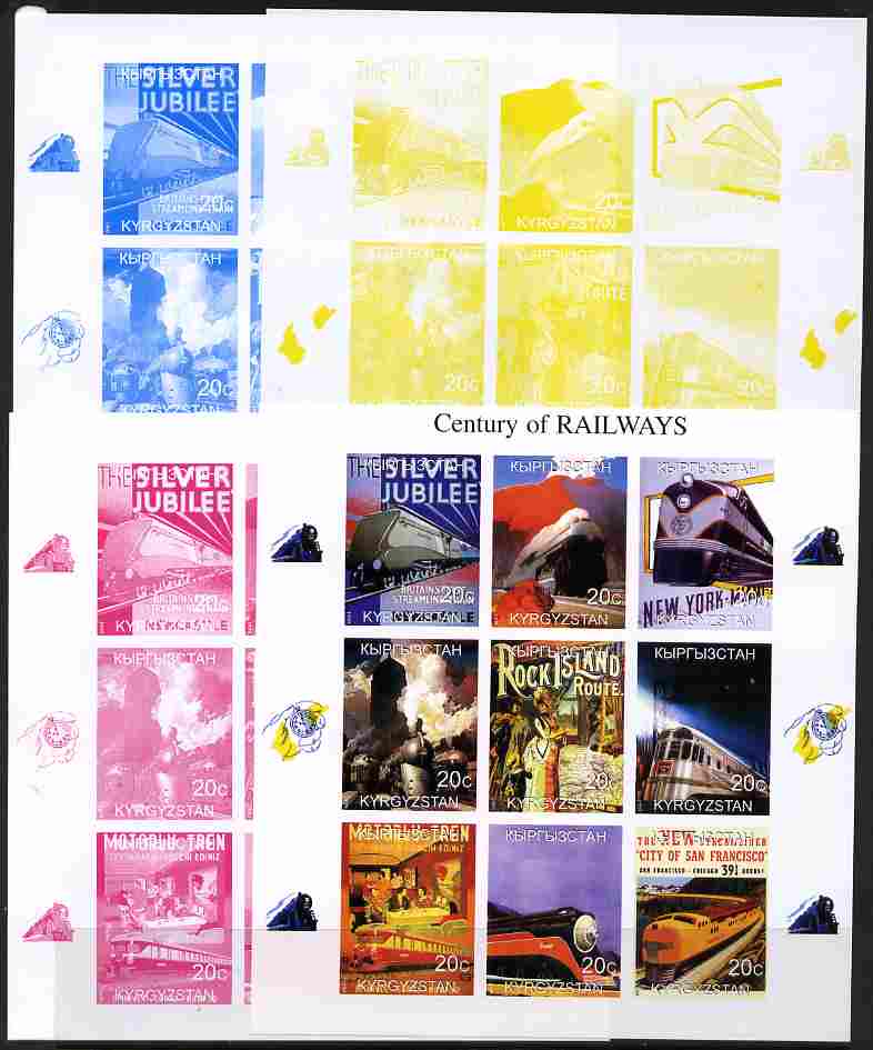 Kyrgyzstan 1999 Century of Railways sheetlet containing 9 values - the set of 4 imperf progressive proofs comprising 3 individual colours plus all 4-colour composite, unm..., stamps on railways