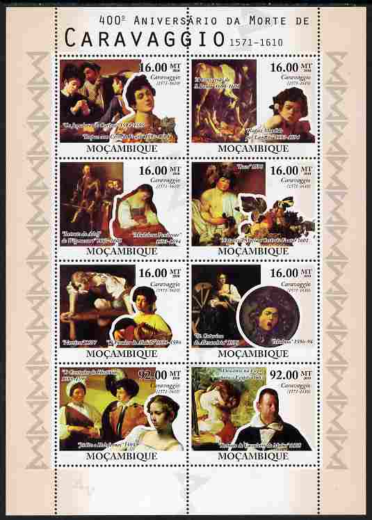 Mozambique 2010 400th Death Anniversary of Caravaggio perf sheetlet containing 8 values unmounted mint, stamps on personalities, stamps on arts, stamps on caravaggio