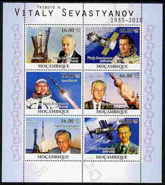 Mozambique 2010 Tribute to Vitaly Sevastyanov (cosmanaut) perf sheetlet containing 6 values unmounted mint, stamps on , stamps on  stamps on personalities, stamps on  stamps on space, stamps on  stamps on rockets, stamps on  stamps on satellites