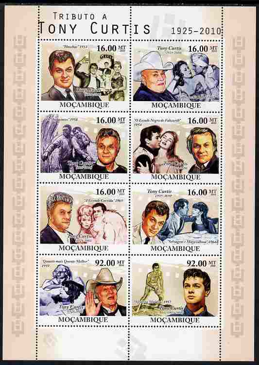 Mozambique 2010 Tribute to Tony Curtis (actor) perf sheetlet containing 8 values unmounted mint, stamps on , stamps on  stamps on personalities, stamps on  stamps on films, stamps on  stamps on movies, stamps on  stamps on cinema, stamps on  stamps on marilyn, stamps on  stamps on monroe