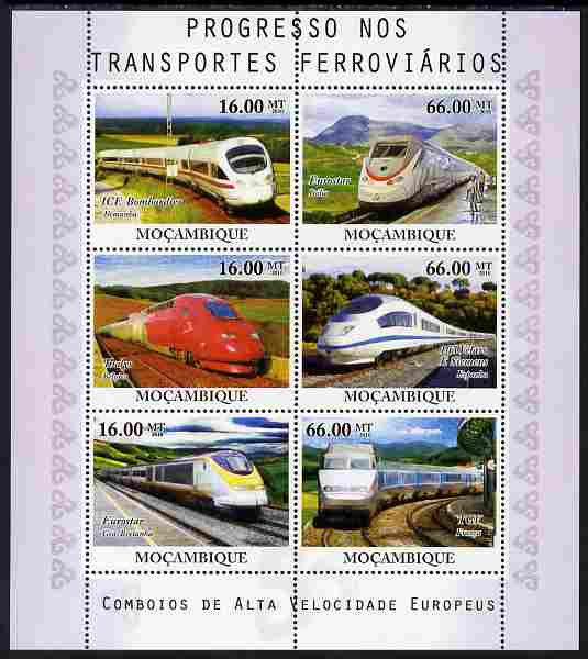 Mozambique 2010 High Speed Trains perf sheetlet containing 6 values unmounted mint, stamps on , stamps on  stamps on railways