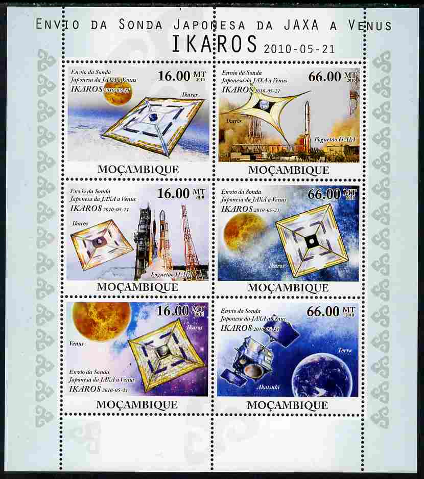 Mozambique 2010 JAXA probe to Venus (IKAROS) perf sheetlet containing 6 values unmounted mint, stamps on space, stamps on planets, stamps on satellites