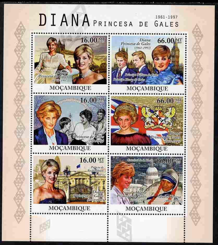 Mozambique 2010 Diana Princess of Wales perf sheetlet containing 6 values unmounted mint, stamps on , stamps on  stamps on personalities, stamps on  stamps on royalty, stamps on  stamps on diana, stamps on  stamps on london, stamps on  stamps on william, stamps on  stamps on harry, stamps on  stamps on teresa, stamps on  stamps on bridges