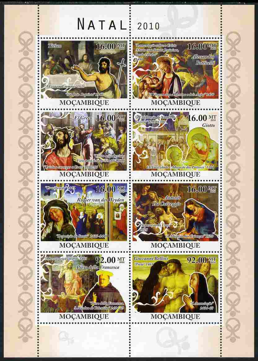 Mozambique 2010 Christmas - Religious Paintings perf sheetlet containing 8 values unmounted mint, stamps on christmas, stamps on arts, stamps on titian, stamps on botticelli, stamps on giotto, stamps on el greco, stamps on correggio, stamps on bellini